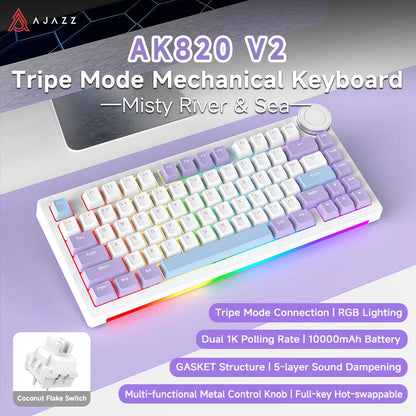 Ajazz AK820V2 Pro Tastiera Da Gaming Wireless Tre Modalità Cablata Bluetooth 2.4G Batteria 10000mAh