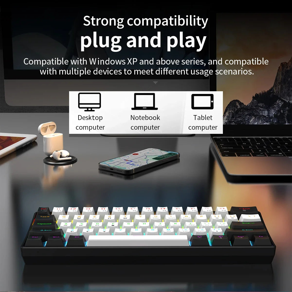 Tastiera meccanica da gioco cablata al 60% Mini layout ultra compatto retroilluminato RGB per giocatori PC/Mac e tipisti Design facile da viaggio