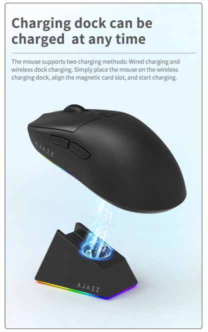 Mouse da gioco wireless Tri-mode AJ139-V2-MC cablato/2,4 GHz/BT con base di ricarica magnetica Chipset da gioco PAW3311 12000 DPI max