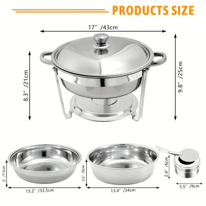 Set Da 6 Scaldavivande Rotondi In Acciaio Inossidabile 5 Litri Con Vassoi Per Cibo E Bevande Per Buffet