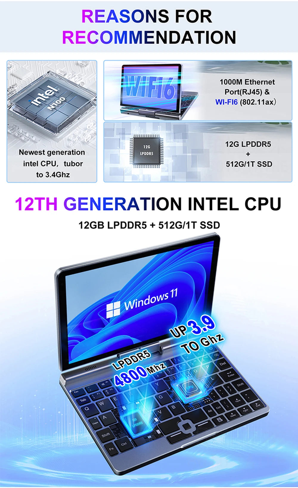 Crelander P8 Mini Laptop Da Gioco 8 Pollici Schermo Touch Intel Alder Lake N100 12GB DDR5 Windows 11 WiFi 6
