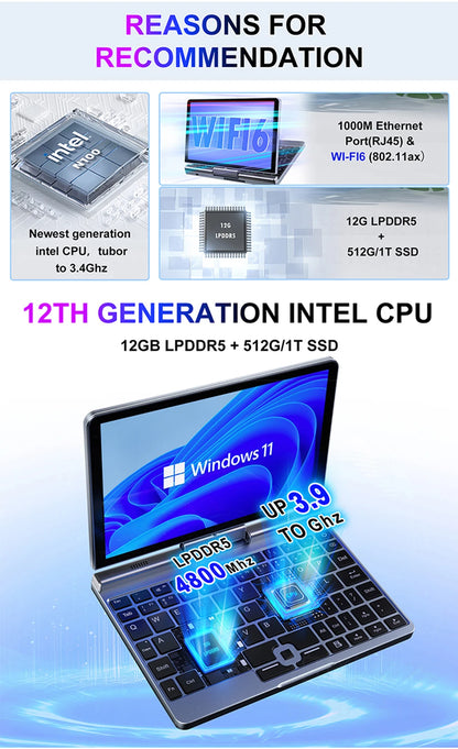 Crelander P8 Mini Laptop Da Gioco 8 Pollici Schermo Touch Intel Alder Lake N100 12GB DDR5 Windows 11 WiFi 6
