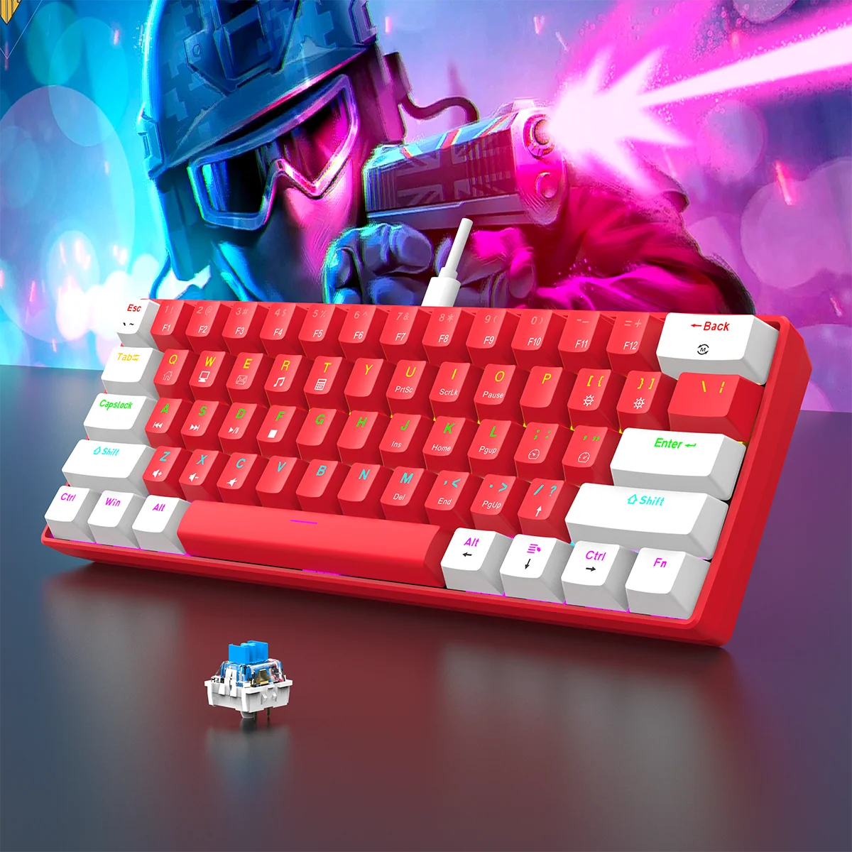 Tastiera meccanica da gioco cablata al 60% Mini layout ultra compatto retroilluminato RGB per giocatori PC/Mac e tipisti Design facile da viaggio
