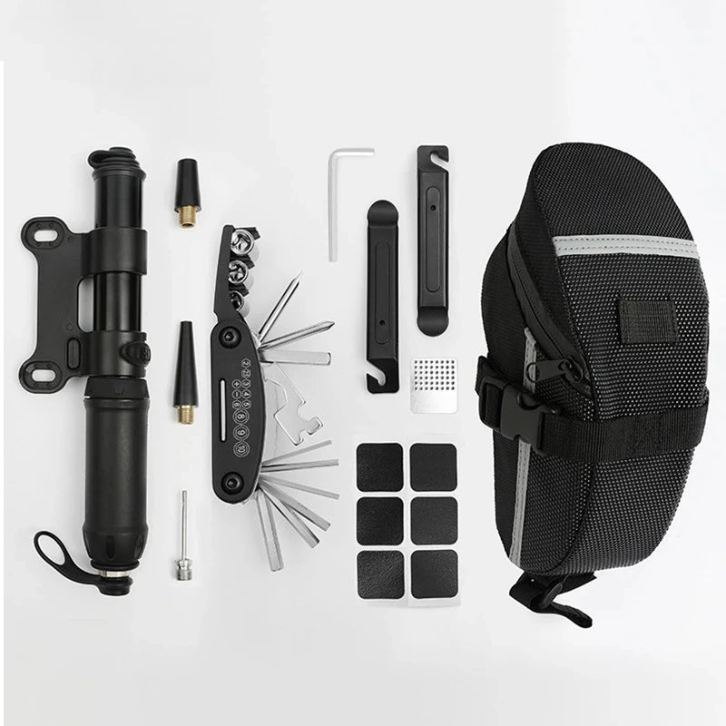 Kit di strumenti di riparazione bici portatile Kit di strumenti di riparazione biciclette Borsa da sella Pompa Patch per pneumatici Set di strumenti chiave multifunzionale Accessori