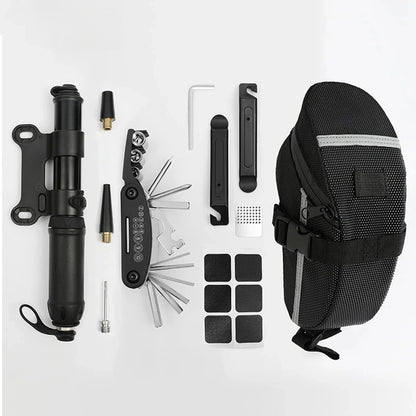 Kit di strumenti di riparazione bici portatile Kit di strumenti di riparazione biciclette Borsa da sella Pompa Patch per pneumatici Set di strumenti chiave multifunzionale Accessori