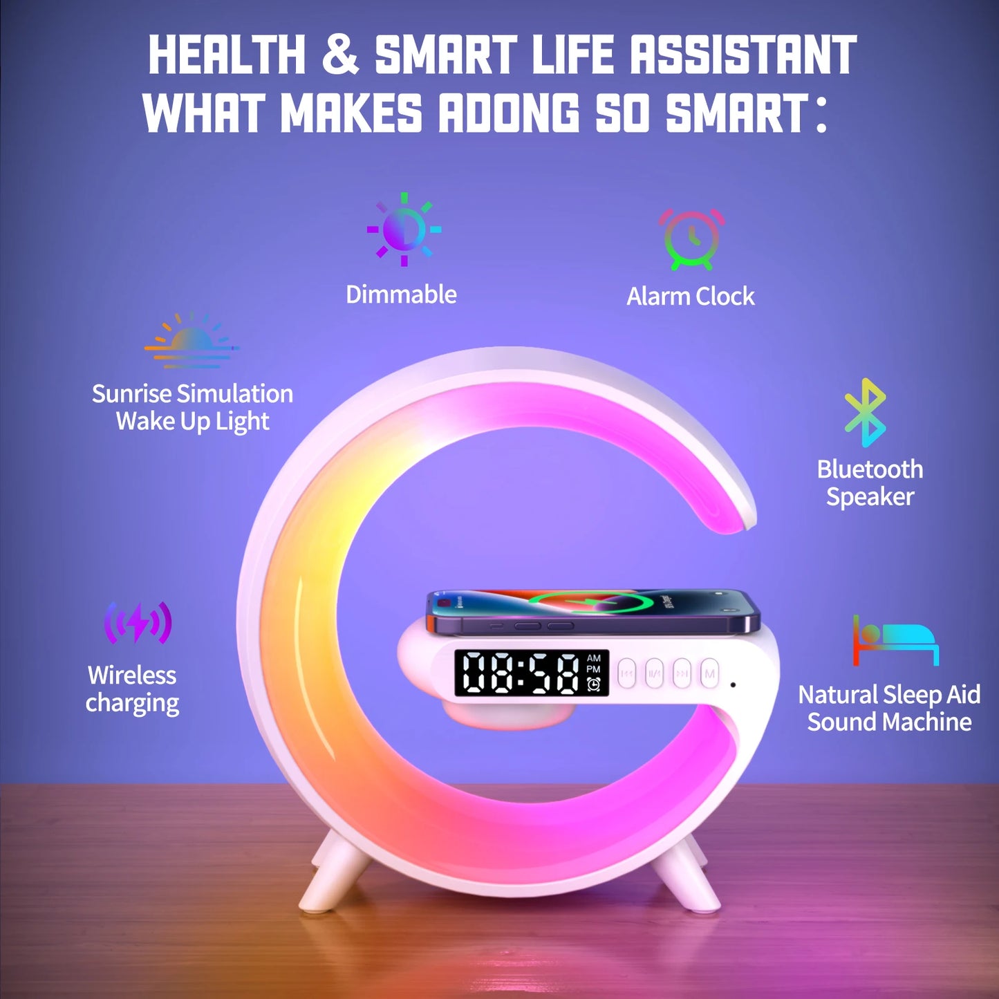 Lampada Da Tavolo Wake Up Smart Rgb Con Altoparlante Wireless 15W Ricaricabile Per Camera Da Letto