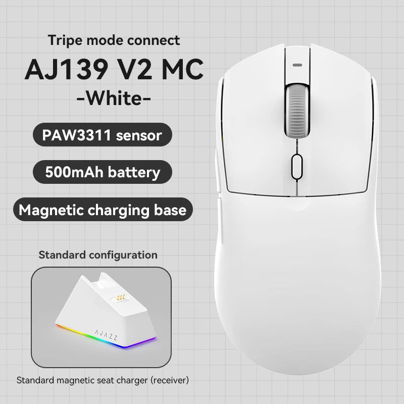 Mouse da gioco wireless Tri-mode AJ139-V2-MC cablato/2,4 GHz/BT con base di ricarica magnetica Chipset da gioco PAW3311 12000 DPI max