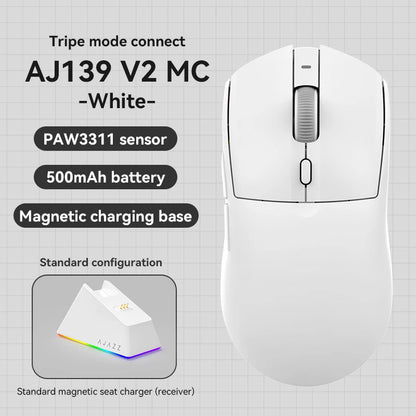 Mouse da gioco wireless Tri-mode AJ139-V2-MC cablato/2,4 GHz/BT con base di ricarica magnetica Chipset da gioco PAW3311 12000 DPI max