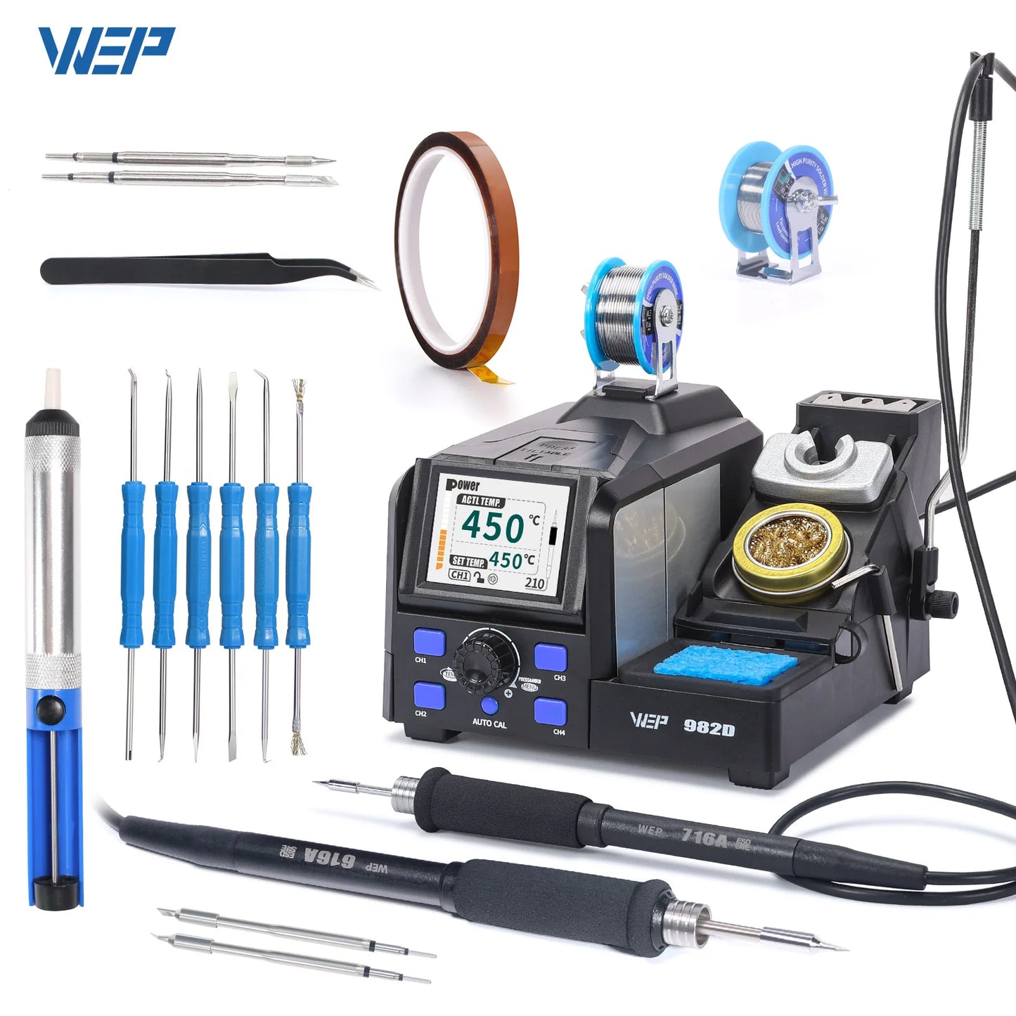 Stazione di saldatura elettrica WEP 927-II 2 Helping Hands con display digitale, kit saldatore da 60W con regolazione della temperatura.