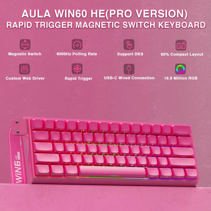 Tastiera Meccanica Gaming AULA WIN60 HE Pro MAX Cablata con Switch Magnetici a Effetto Hall, RT Regolabile, Hot-Swap, 8000Hz per Esport