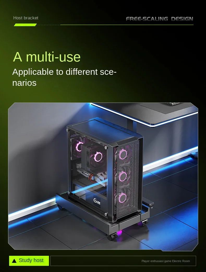 Supporto per torre per PC mobile Supporto per CPU per computer regolabile Supporto da tavolo telescopico Carrello per CPU con ventola di raffreddamento RGB Dissipazione del calore