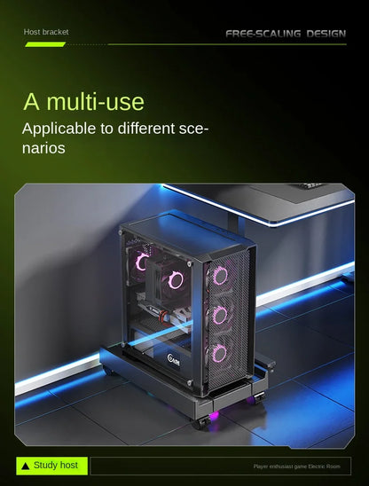 Supporto per torre per PC mobile Supporto per CPU per computer regolabile Supporto da tavolo telescopico Carrello per CPU con ventola di raffreddamento RGB Dissipazione del calore