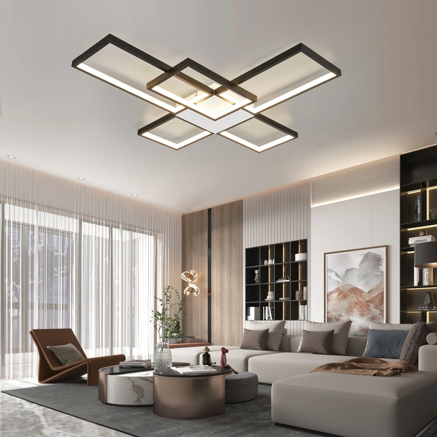 Plafoniera LED Moderna Dimmerabile Per Soggiorno E Camera Da Letto Finitura Nera O Dorata Illuminazione 2000 lm