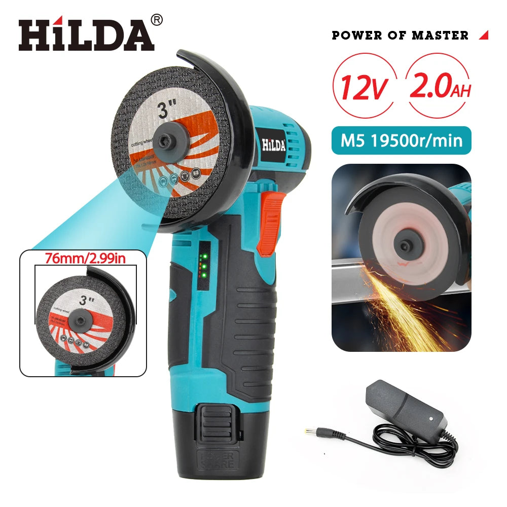 HILDA 12V Smerigliatrice angolare elettrica al litio da 3 pollici Strumento portatile compatto per riparazioni fai-da-te e domestiche Leggero con forte potenza