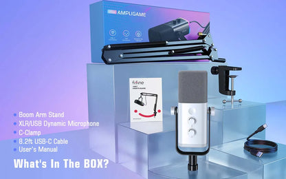 Kit Microfono Da Gioco Fifine Usb Xlr Con Cuffie Braccio Boom Rgb Dinamico Per Pc Ps5 Ps4 Am8tw White