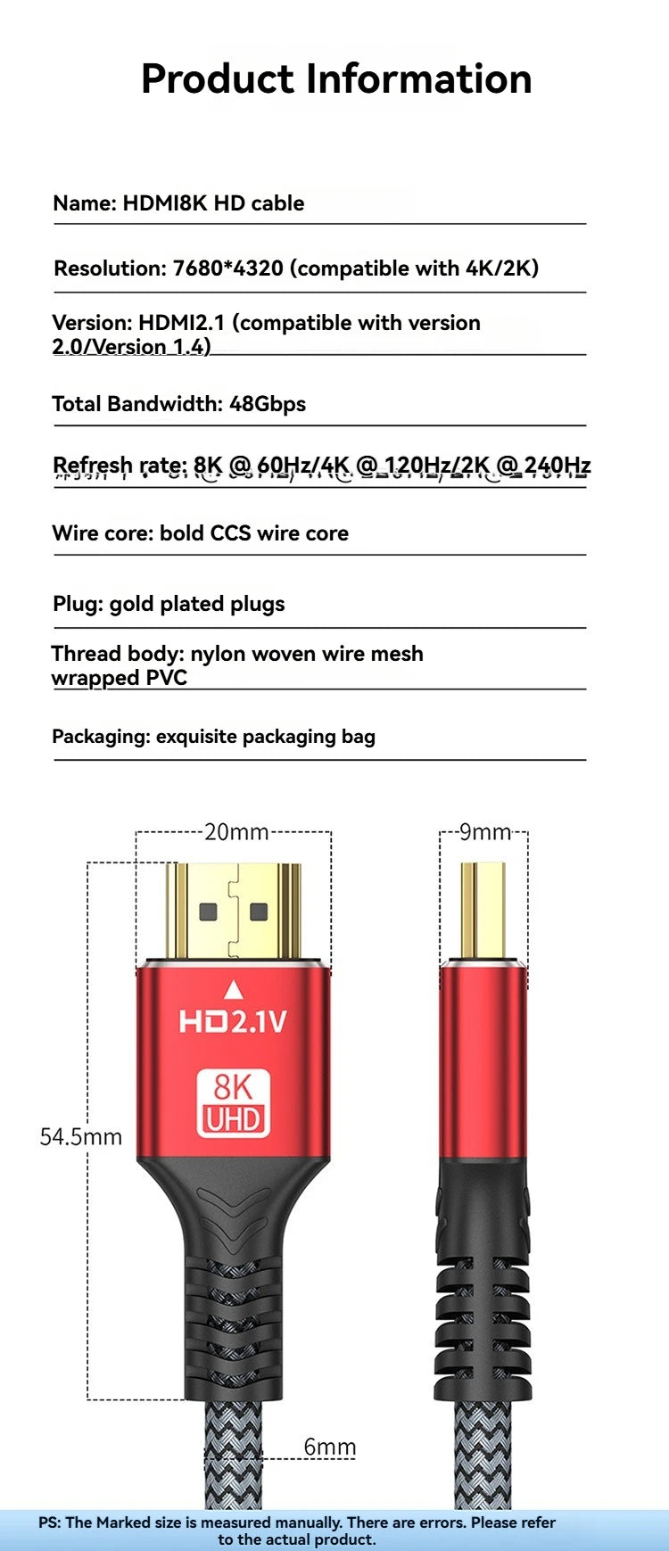 Uyellow 48Gbps Cavo compatibile HDMI 8K 60Hz 50cm 1m 2m 3m 5m Cavo 2.1 compatibile HDMI 4K 120Hz HDR Video con effetti 3D per PC HDTV