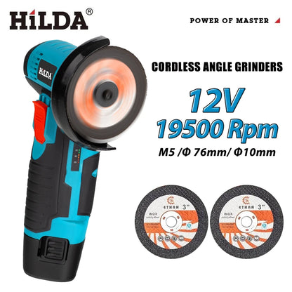 HILDA 12V Smerigliatrice angolare elettrica al litio da 3 pollici Strumento portatile compatto per riparazioni fai-da-te e domestiche Leggero con forte potenza