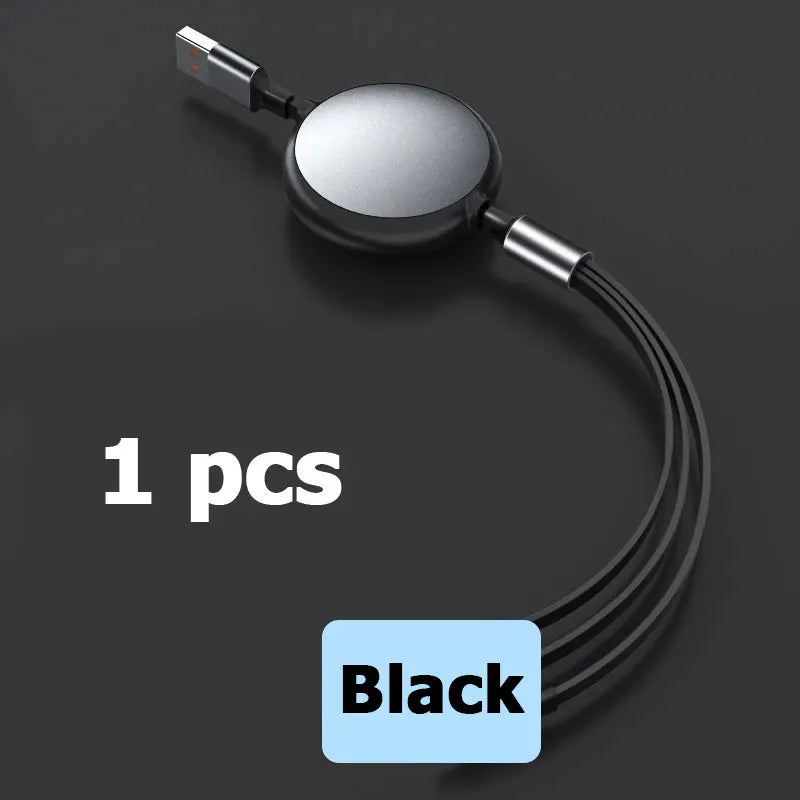 Cavo Retrattile 3 In 1 USB C Lightning Micro USB Ricarica Rapida 100 W 6 A 1,2 m Flessibile