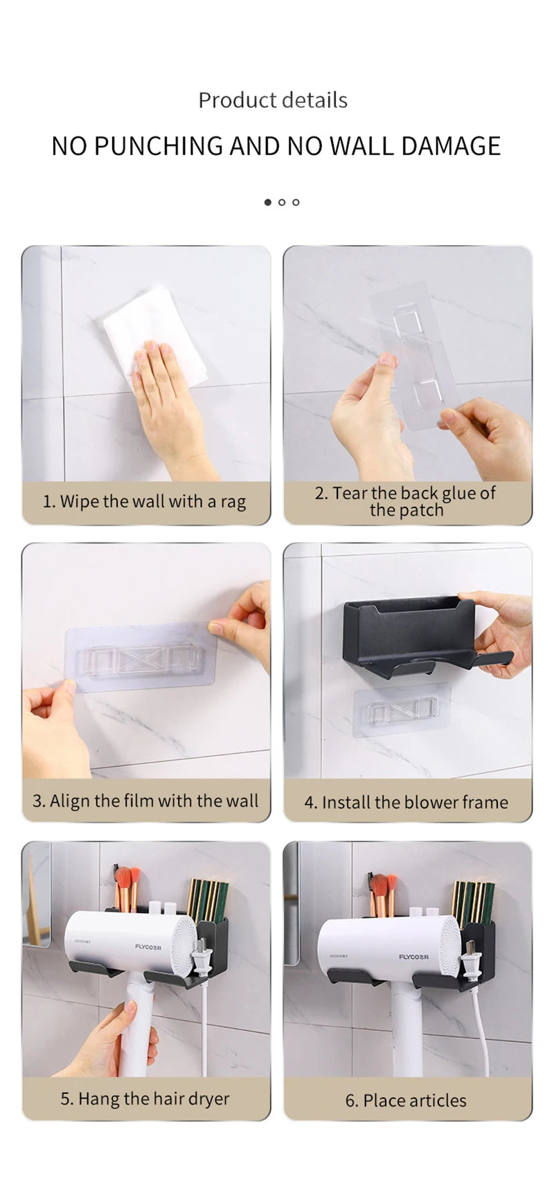 Porta Asciugacapelli A Parete Con Mensola In Plastica Per Bagno E Organizzazione Degli Accessori