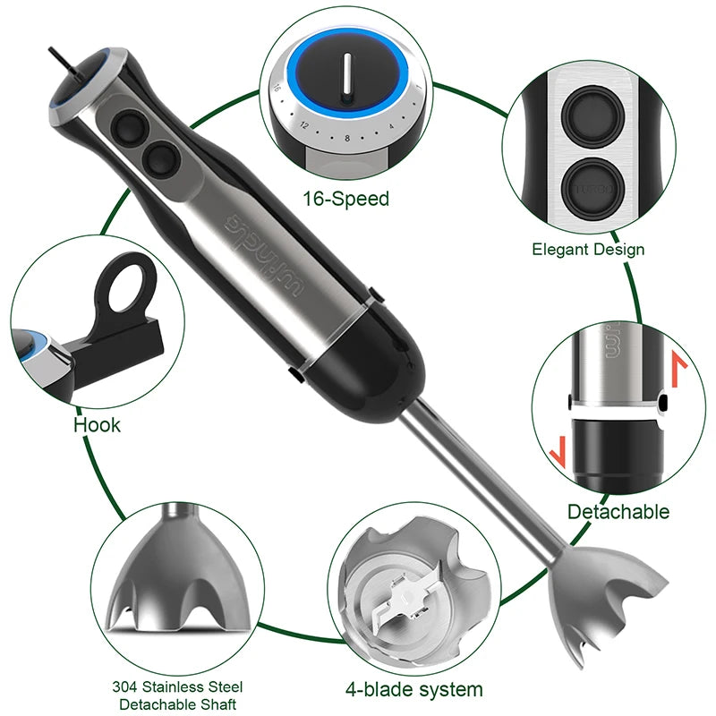 Frullatore Ad Immersione Potente 1000W 5 In 1 Con Frusta, Tritatutto, Ghiaccio E Tazza Per Smoothie
