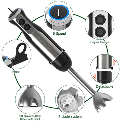 Frullatore Ad Immersione Potente 1000W 5 In 1 Con Frusta, Tritatutto, Ghiaccio E Tazza Per Smoothie