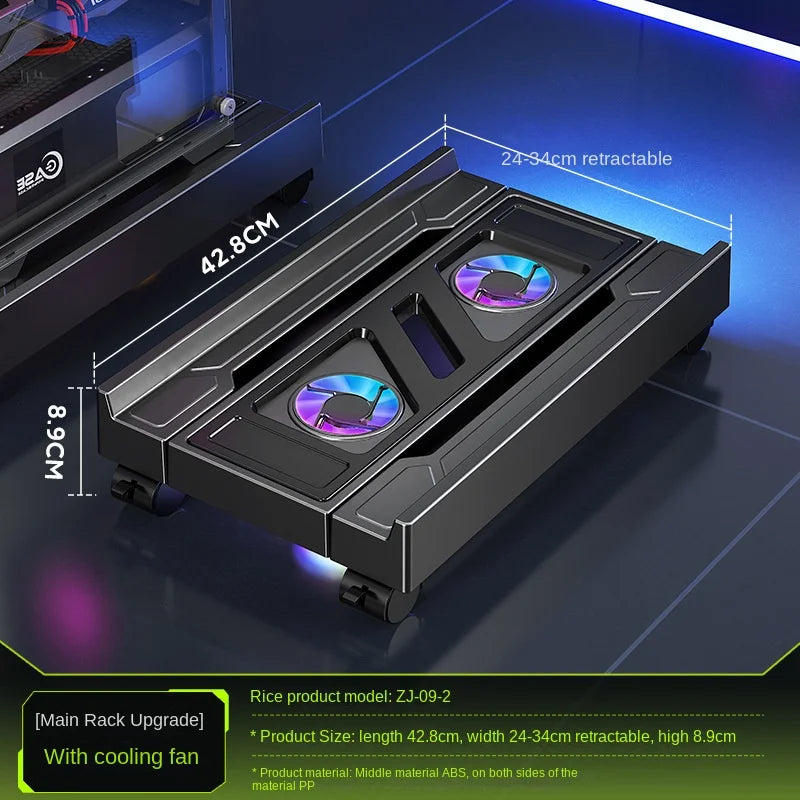 Supporto per torre per PC mobile Supporto per CPU per computer regolabile Supporto da tavolo telescopico Carrello per CPU con ventola di raffreddamento RGB Dissipazione del calore
