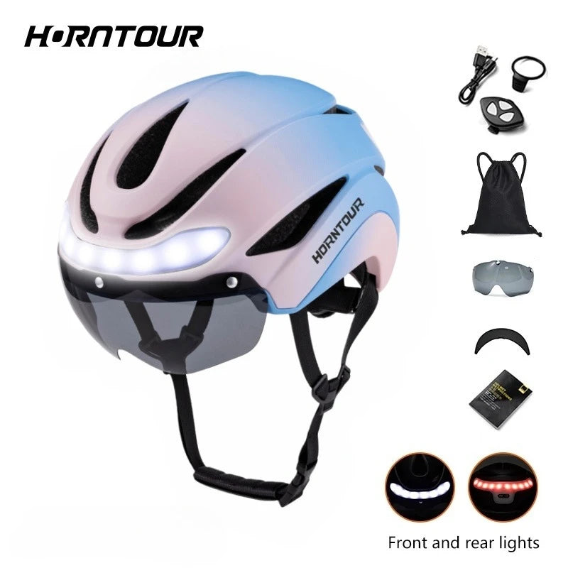 Casco Da Bicicletta Horntour HT-16 Con Luci Led Frontali e Posteriori Segnali Leggero Certificato CE