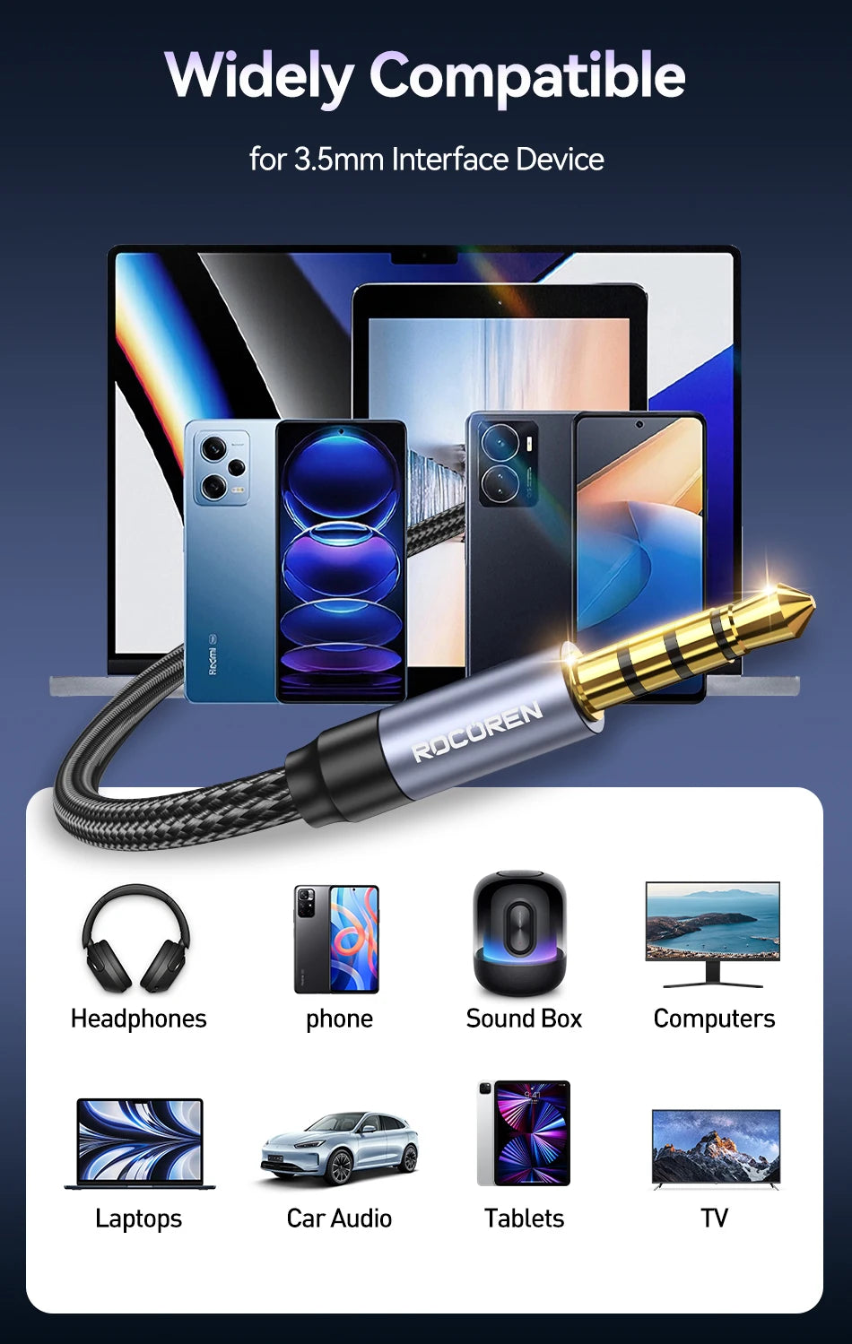 Rocoren Cavo AUX Jack da 3,5 mm Maschio a Femmina Estensione audio Convertitore cavo per altoparlante per cuffie per telefoni Laptop Tablet adattatore