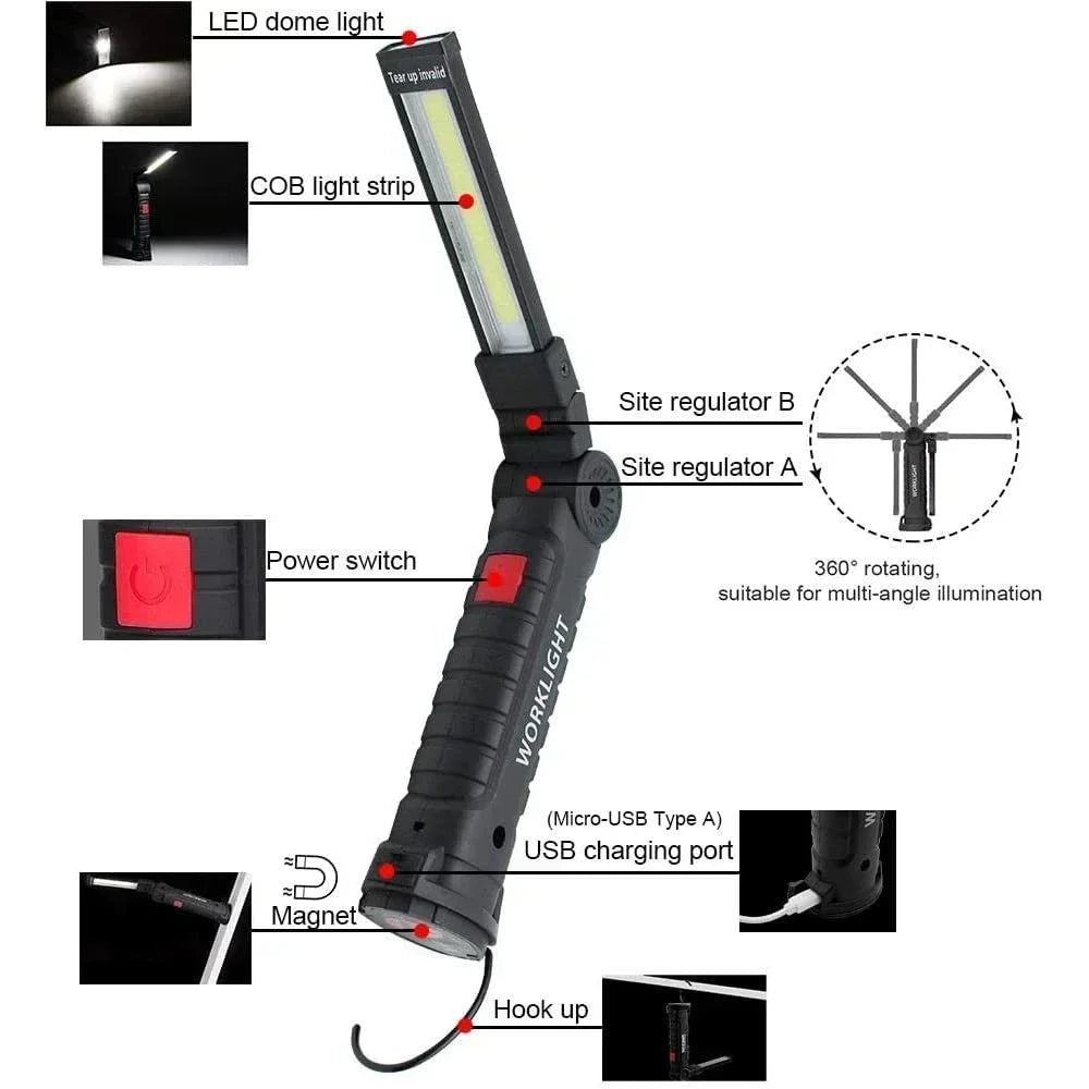 Lampada Da Lavoro Portatile Led Cob Ricaricabile Usb Con Gancio Magnetico E Power Bank