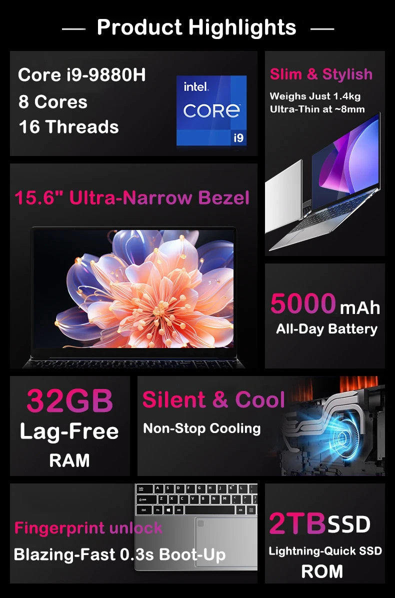 LENO NUOVO Laptop da 15.6 pollici Intel Core i9-9900 32GB 2TB Windows 11 Computer da gioco PC Gamer per ufficio Notebook ultra sottile 1920*1080 HD