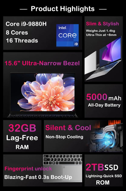 LENO NUOVO Laptop da 15.6 pollici Intel Core i9-9900 32GB 2TB Windows 11 Computer da gioco PC Gamer per ufficio Notebook ultra sottile 1920*1080 HD