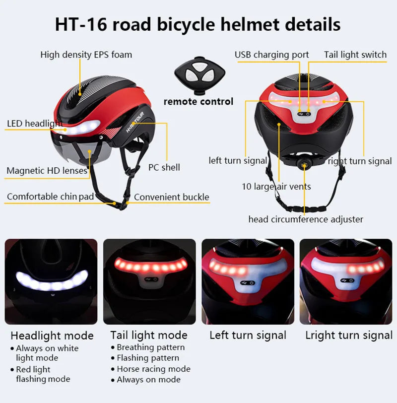 Casco Da Bicicletta Horntour HT-16 Con Luci Led Frontali e Posteriori Segnali Leggero Certificato CE