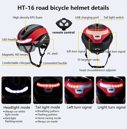 Casco Da Bicicletta Horntour HT-16 Con Luci Led Frontali e Posteriori Segnali Leggero Certificato CE