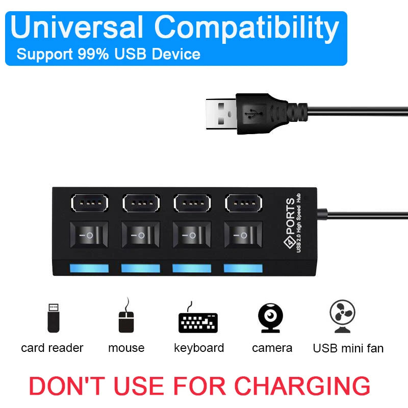 Espansore Usb Hub 2.0 Ad Alta Velocità Con 4 Porte E Interruttore Led Per Pc Portatile