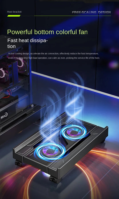 Supporto per torre per PC mobile Supporto per CPU per computer regolabile Supporto da tavolo telescopico Carrello per CPU con ventola di raffreddamento RGB Dissipazione del calore