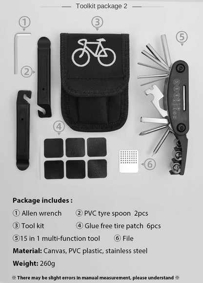 Kit di strumenti di riparazione bici portatile Kit di strumenti di riparazione biciclette Borsa da sella Pompa Patch per pneumatici Set di strumenti chiave multifunzionale Accessori