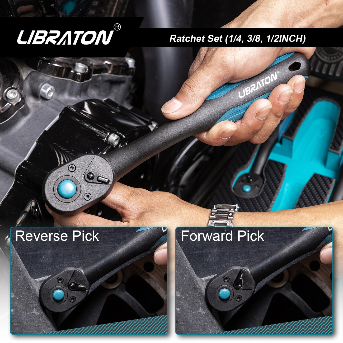 LIBRATON Chiave a cricchetto da 72 denti Maniglia a cricchetto a sgancio rapido reversibile 1/4 '' 3/8 '' 1/2 '' Drive Strumento di riparazione automatica Strumenti fai da te per la casa