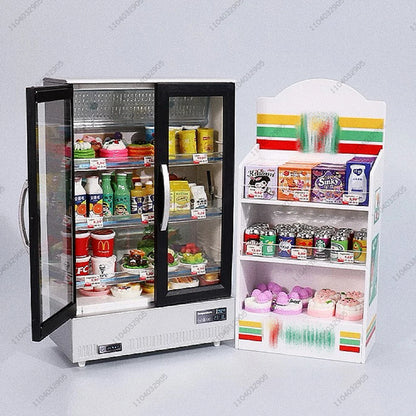 Negozio in miniatura mobili frigorifero congelatore scaffale bevanda fresca articoli alimentari giocattolo Mini artigianato casa delle bambole simulazione Scenario Display