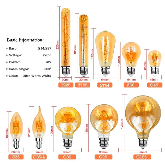 Lampadina Led Filamento E14 E27 Spirale 4W 2200K Dimmerabile Illuminazione Vintage Edison