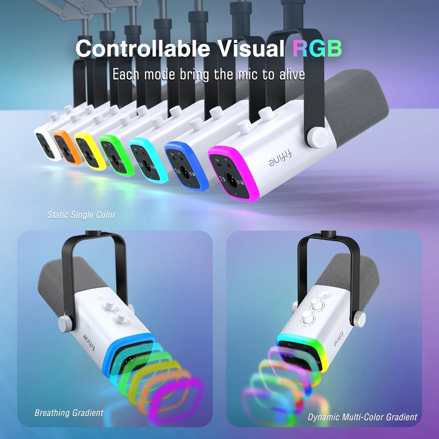 Kit Microfono Da Gioco Fifine Usb Xlr Con Cuffie Braccio Boom Rgb Dinamico Per Pc Ps5 Ps4 Am8tw White
