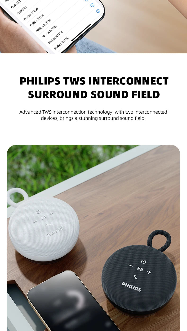 Philips TAS1120 Altoparlante Bluetooth da 800 mAh, cassa audio impermeabile per interni ed esterni con ventosa e cordino, altoparlante portatile per esterni