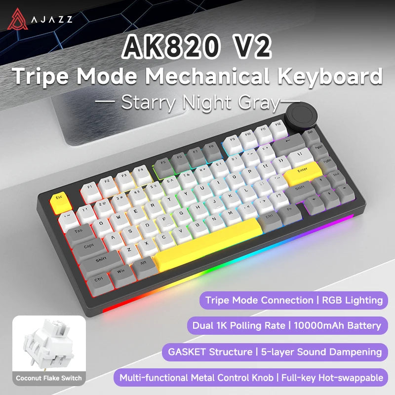 Ajazz AK820V2 Pro Tastiera Da Gaming Wireless Tre Modalità Cablata Bluetooth 2.4G Batteria 10000mAh