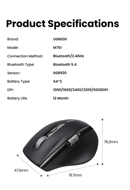Mouse Senza Fili Ergonomico con DPI 5000 Bluetooth 5.4 e 2.4 GHz MacBook Tablet Laptop PC