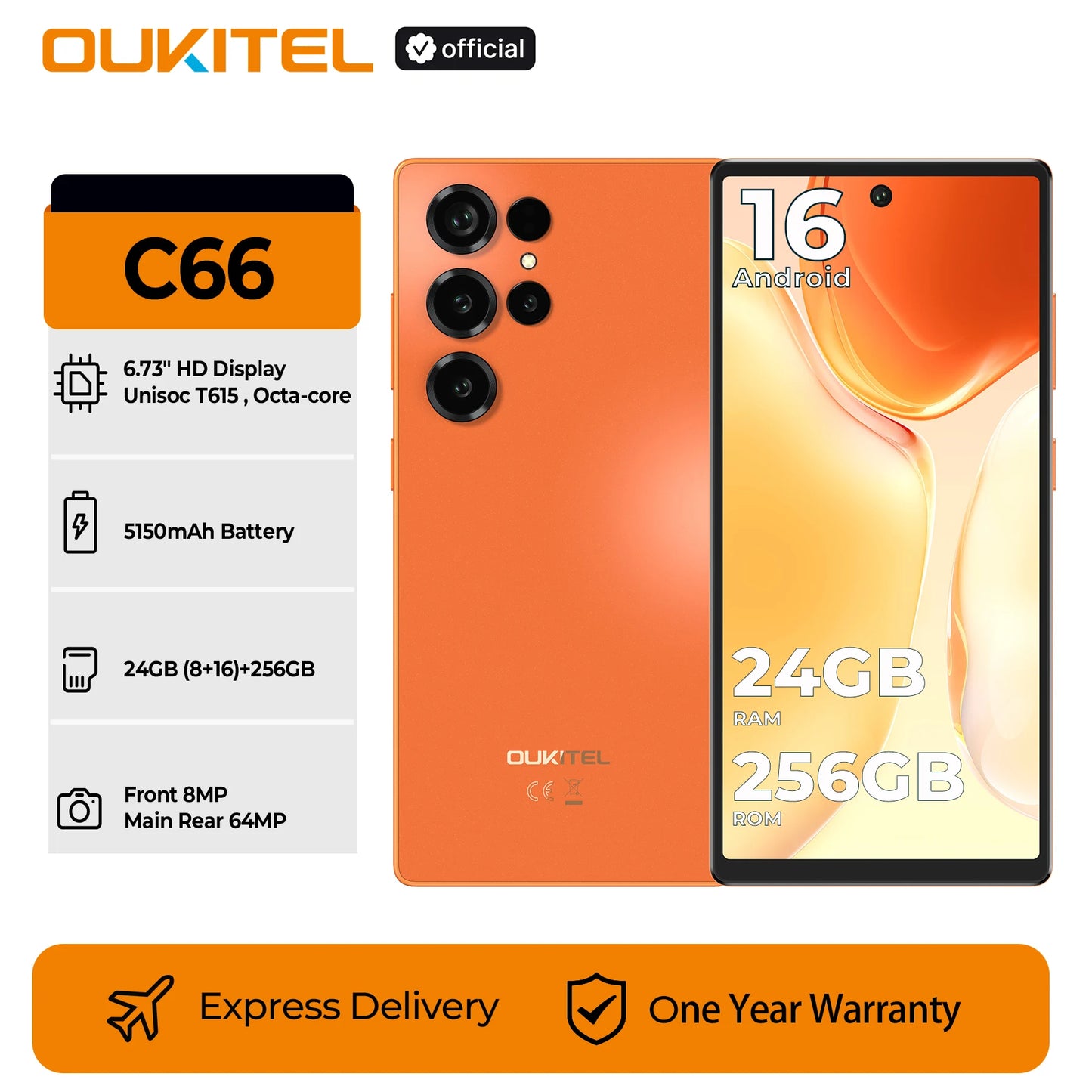 Smartphone OUKITEL C66 Android 16, Telefono 6.73” HD+ 24GB(8+16)+256GB, 5150mAh Dual 4G NFC, 120Hz, Fotocamera Principale 64MP