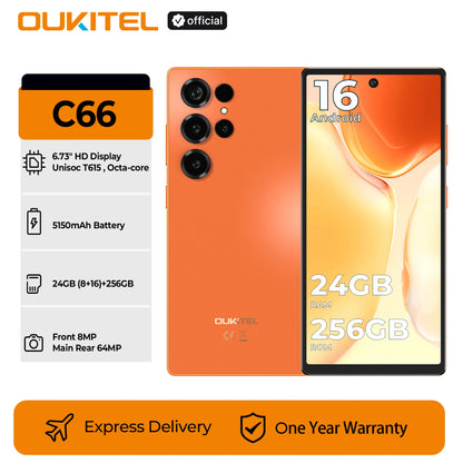 Smartphone OUKITEL C66 Android 16, Telefono 6.73” HD+ 24GB(8+16)+256GB, 5150mAh Dual 4G NFC, 120Hz, Fotocamera Principale 64MP