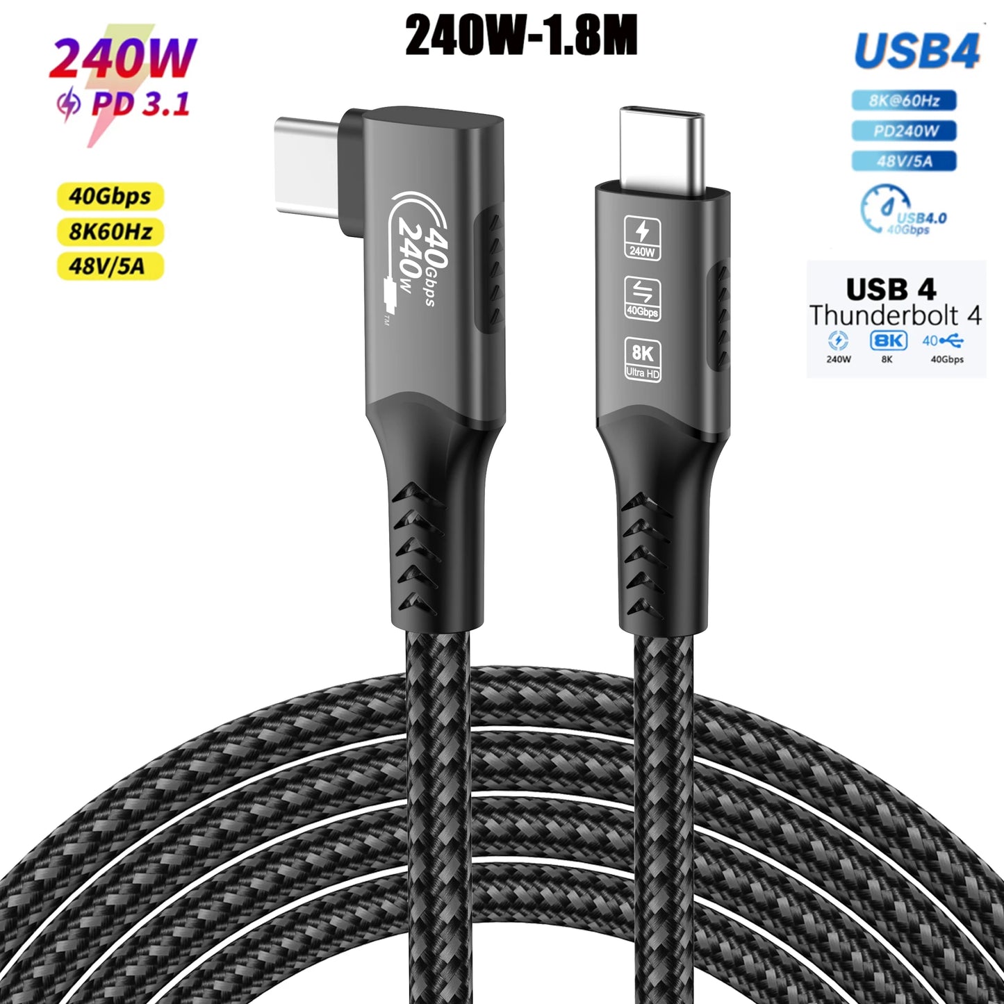 Cavo USB4 Thunderbolt 4 da USB-C a USB-C 40Gbps 240W Ricarica Rapida e Trasferimento Dati per Laptop