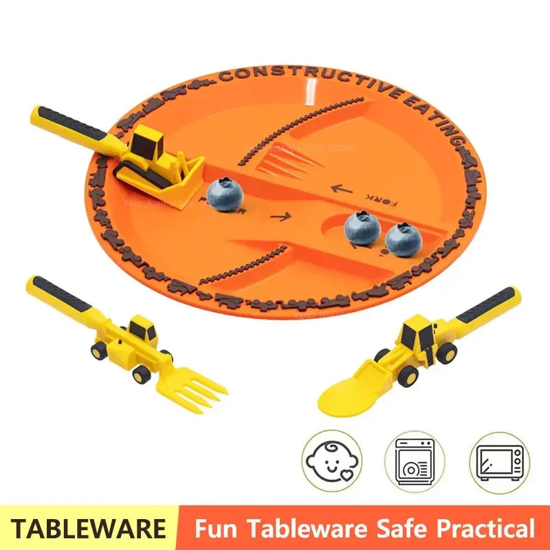 Stoviglie Per Bambini Set Auto Bulldozer Escavatore Pala Piatto Forchetta Cucchiaio BPA Free Ecologiche