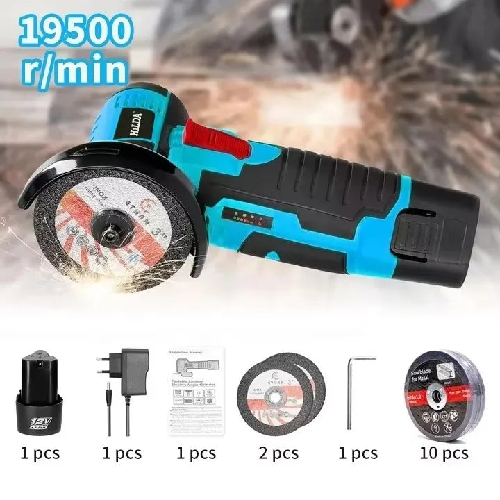 HILDA 12V Smerigliatrice angolare elettrica al litio da 3 pollici Strumento portatile compatto per riparazioni fai-da-te e domestiche Leggero con forte potenza
