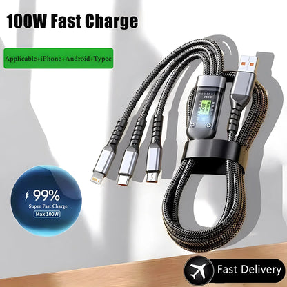 Cavo Di Ricarica 3 In 1 100W Veloce Nylon Treccia Universale USB C Micro Per Smartphone E Tablet