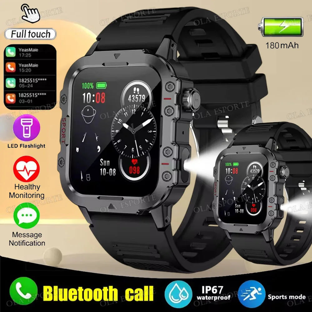 2025 Nuova Torcia Elettrica Militare Astuto Della Vigilanza Degli Uomini IP68 5ATM Sport All'aria Aperta Fitness Tracker Monitor di Salute 1.44 Pollici BT Chiamata Smartwatch